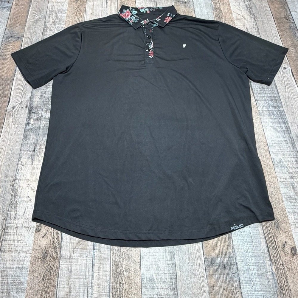 Primo Golf Polo Shirt Mens 2XL Black Floral Trim Performance Stretch Athletic